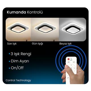KUMANDALI LED AYDINLATMA SİYAH KARE AKRİLİKLİ 3 IŞIK RENKLİ MODERN TAVAN LAMBASI