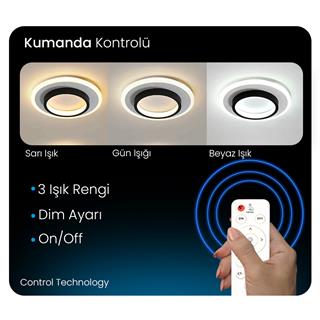 SİYAH YUVARLAK AKRİLİKLİ KARE 3 IŞIK RENKLİ KUMANDALI LED TAVAN LAMBASI MODERN AVİZE