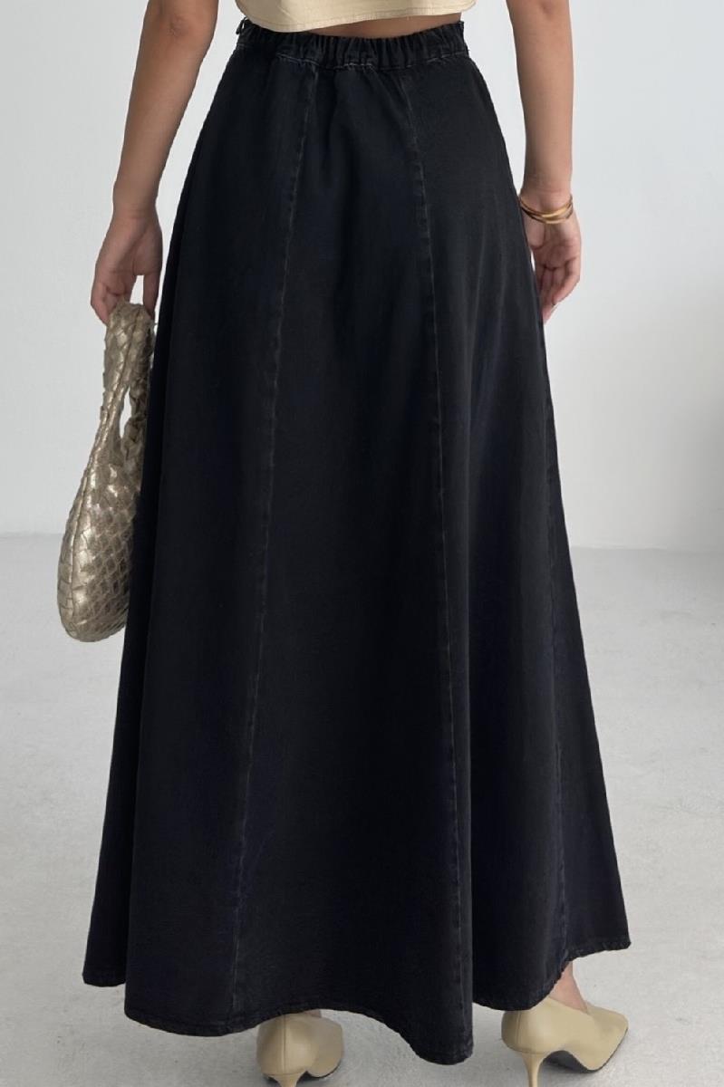 Beli Lastikli Volanlı Uzun Etek