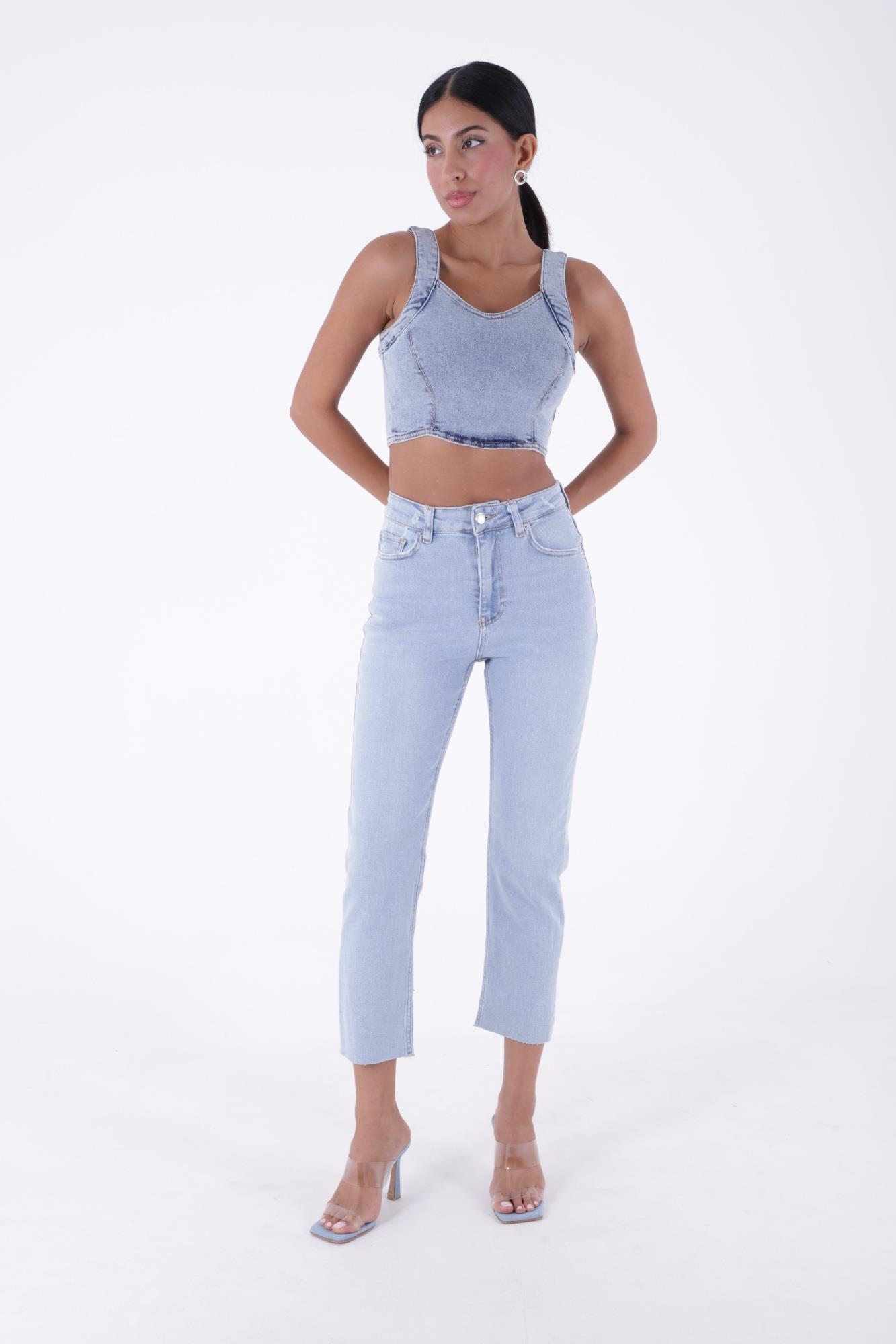 Dikişsiz Paça Yüksek Bel Mom Fit Kot Pantolon