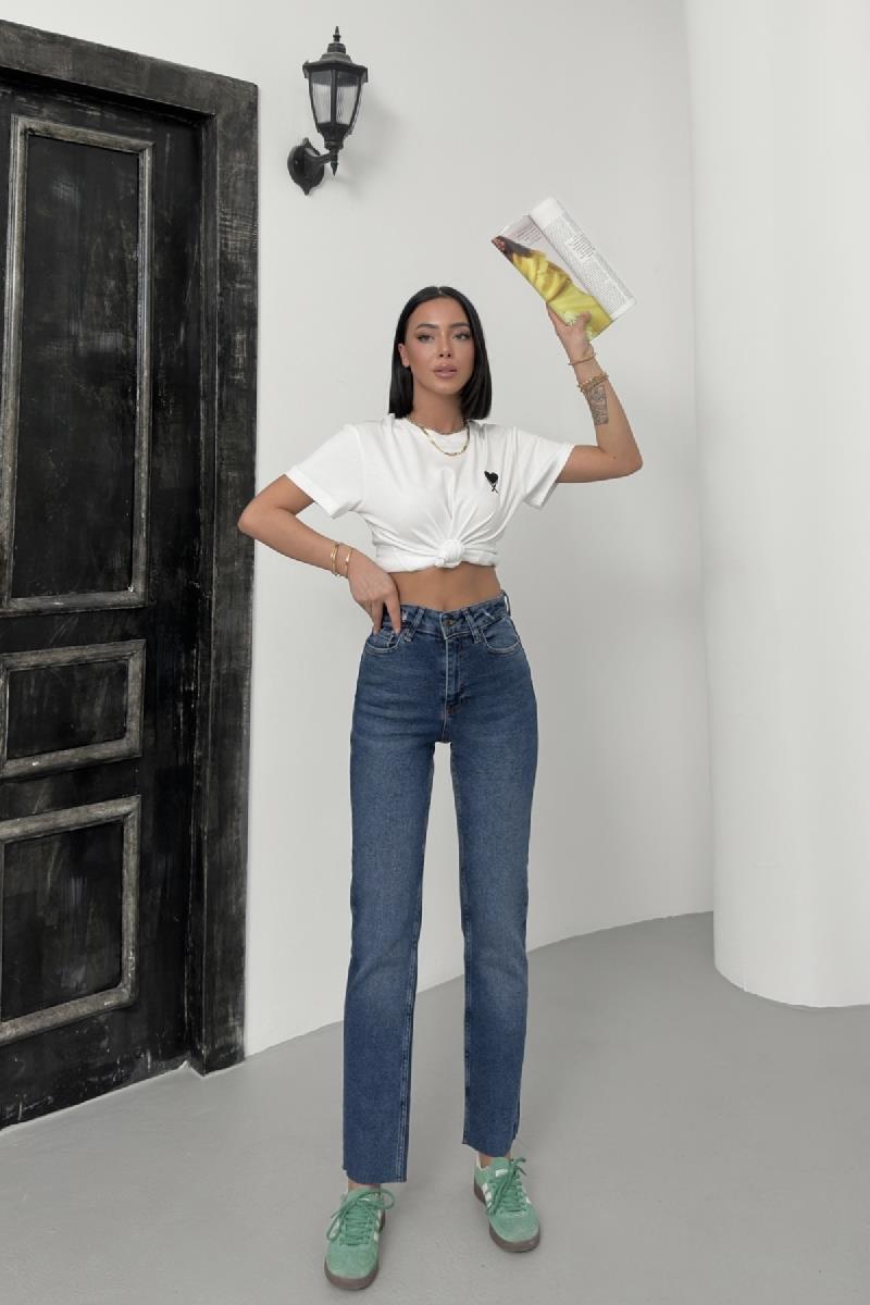 Dikişsiz Paça Mom Fit Kot Pantolon