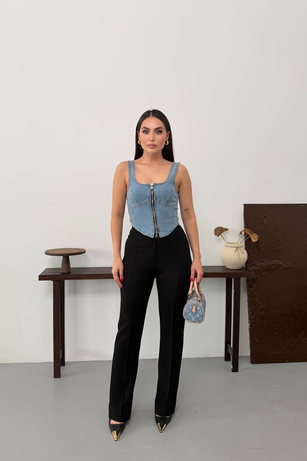 Fermuarlı Denim Büstiyer