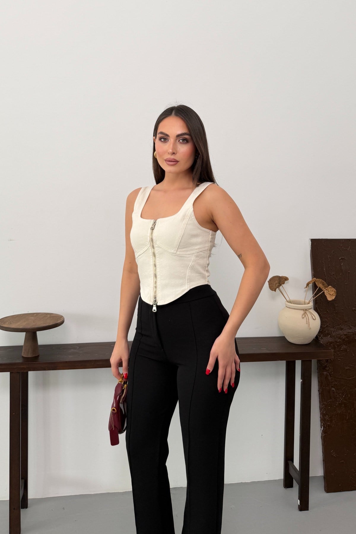 Fermuarlı Denim Büstiyer