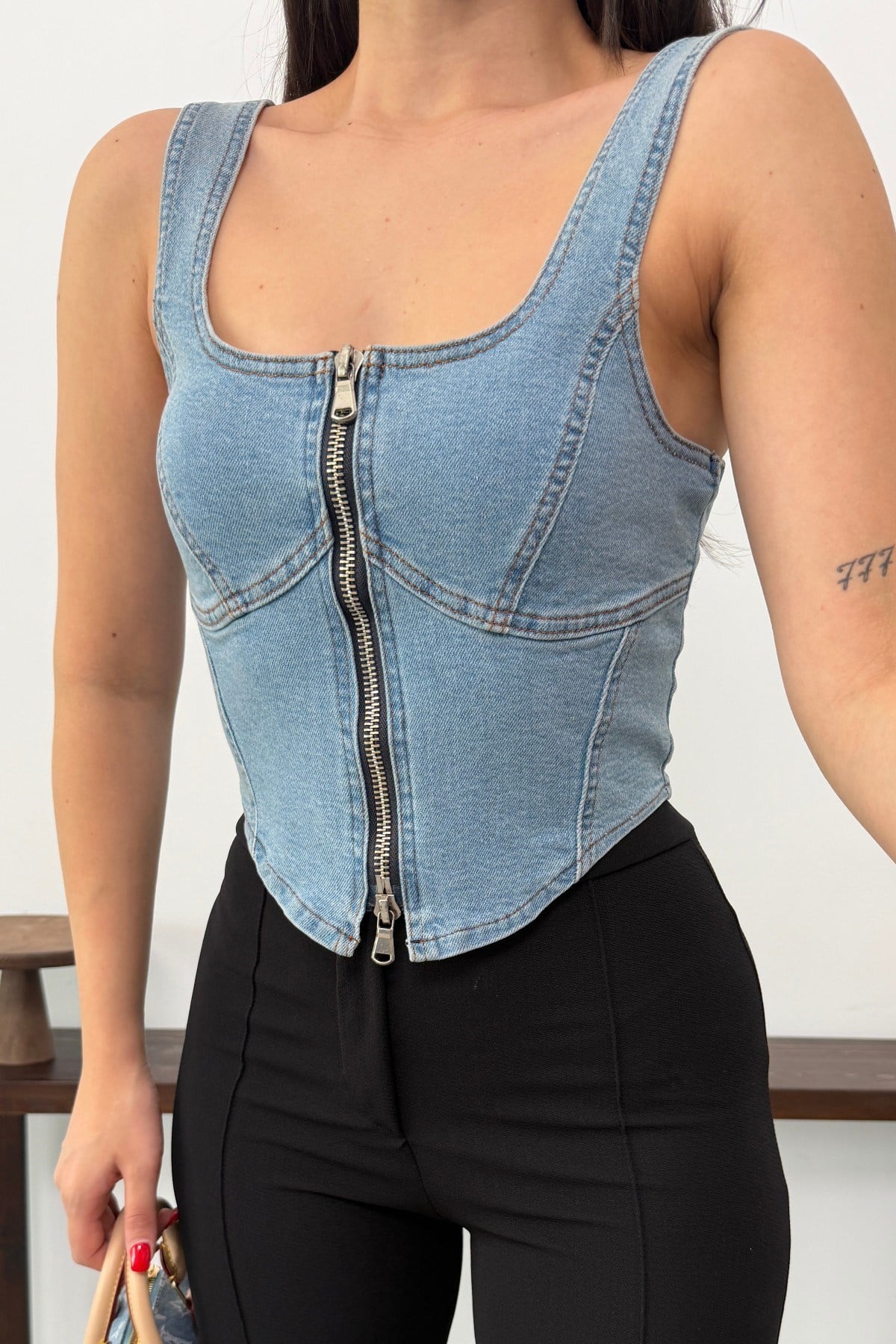 Fermuarlı Denim Büstiyer