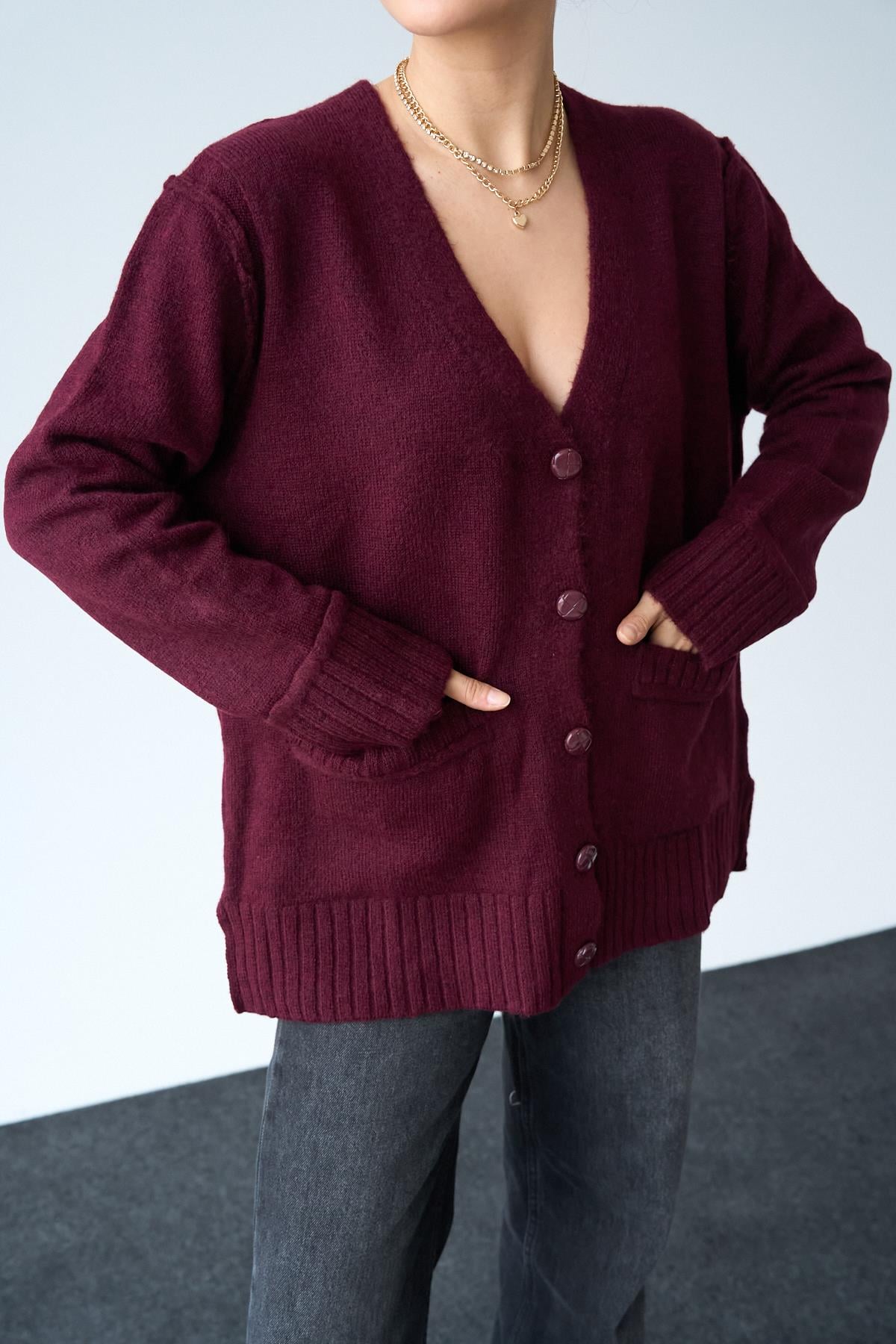 Kadın 5 Düğmeli Cepli Triko Hırka - Bordo