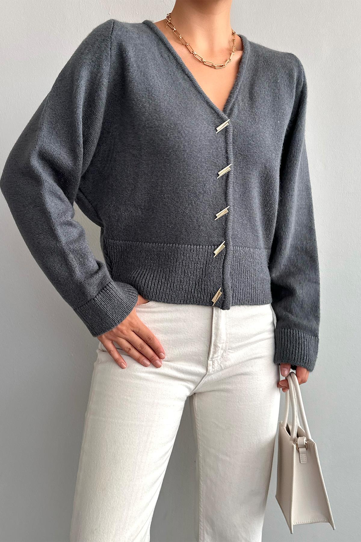 Kadın Julya V Yaka Biyeli Triko Hırka - Füme