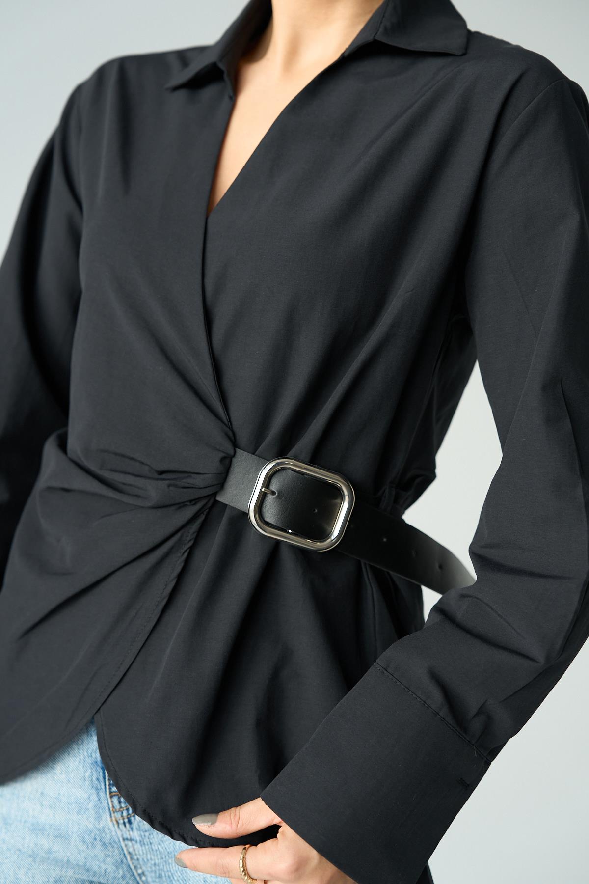 Kadın Kemerli Dokuma Gömlek - Siyah