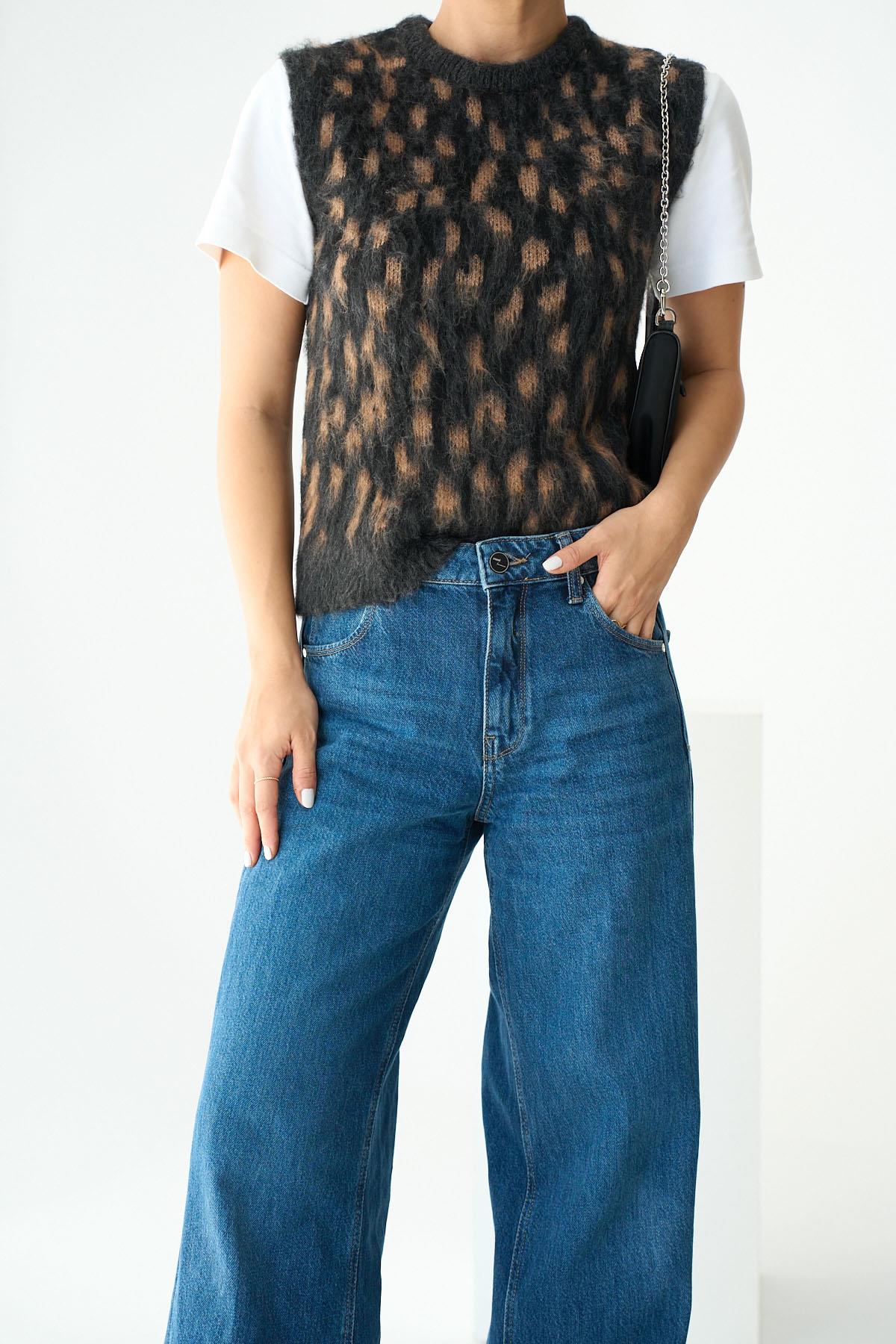 Kadın Kısa Kol Triko Süveter - Antrasit-Hardal