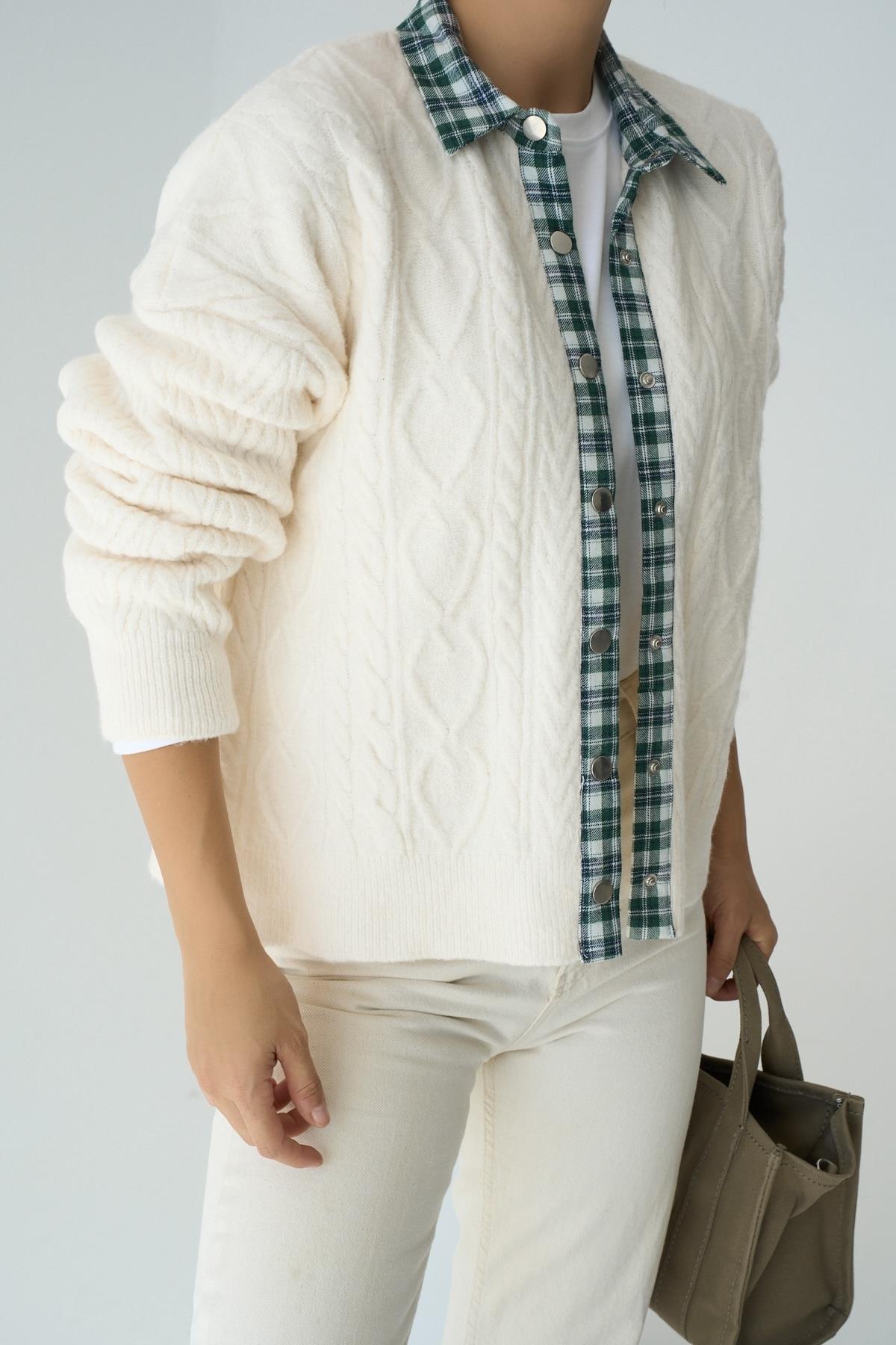 Kadın Valencia Triko Hırka - Krem-Yeşil