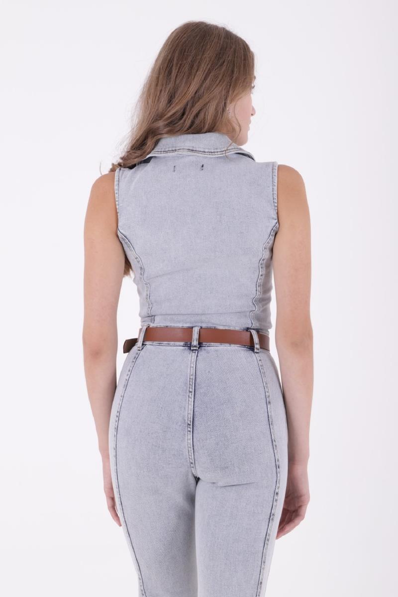 Kuplu Kolsuz Fermuarlı Kot Tulum