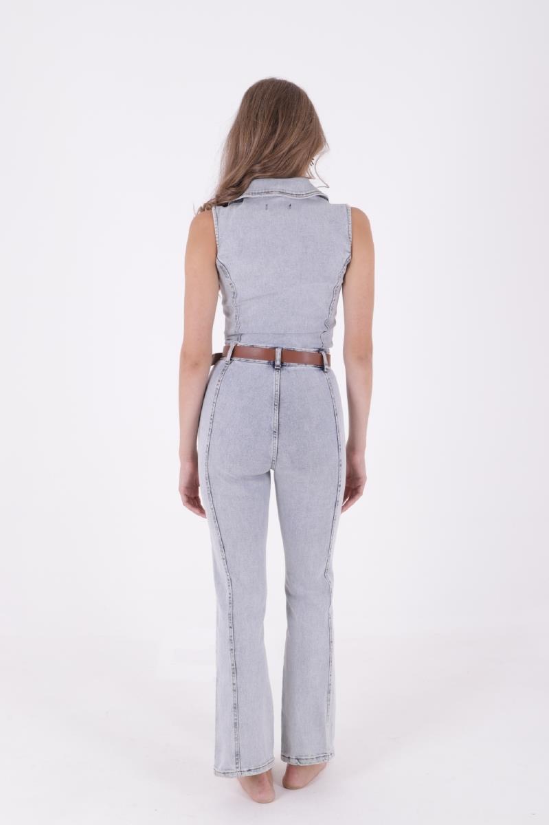 Kuplu Kolsuz Fermuarlı Kot Tulum