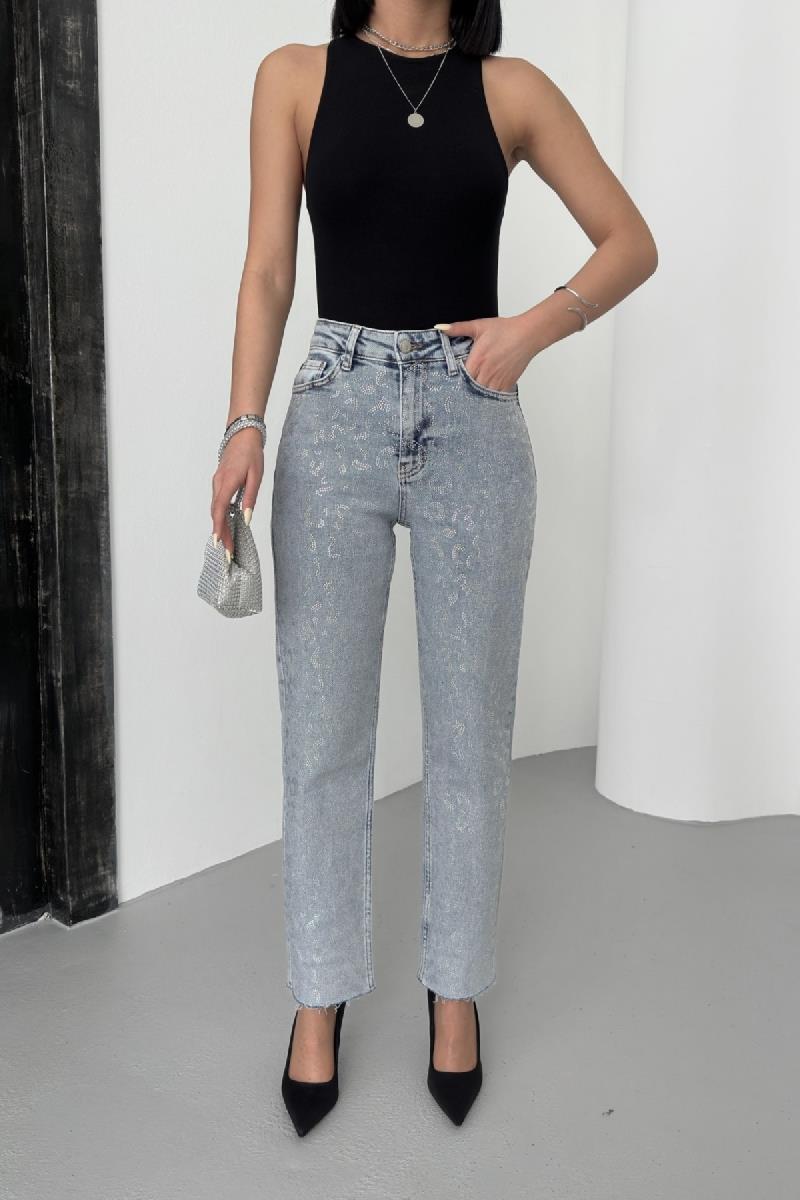 Leopar Taşlı Mom Fit Kot Pantolon