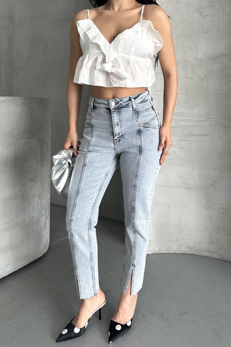 Parçalı Önü Yırtmaçlı Dikişsiz Paça Pantolon