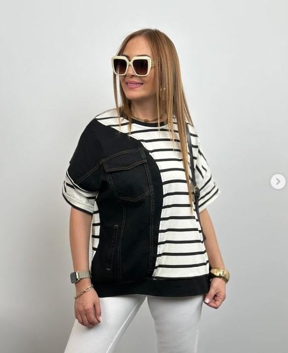 Design Denim Detail Striped Tshirt