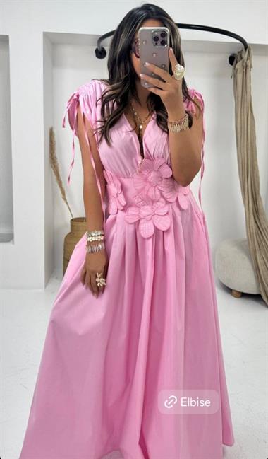 3 Boyutlu Çiçekli Tam Boy Elbise