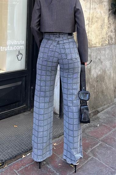 Armürlü Kareli Bol Paça Jean