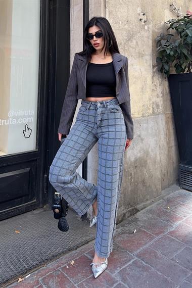 Armürlü Kareli Bol Paça Jean