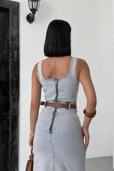 Askılı Kuplu Asimetrik Detaylı Kot Elbise