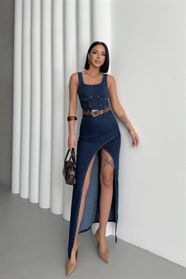 Askılı Kuplu Asimetrik Detaylı Kot Elbise