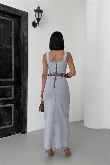 Askılı Kuplu Asimetrik Detaylı Kot Elbise