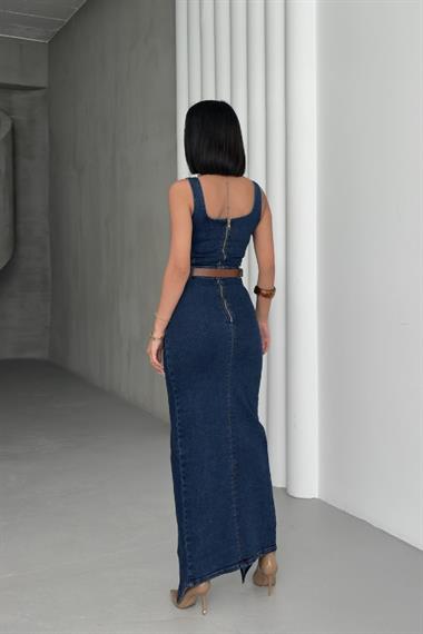 Askılı Kuplu Asimetrik Detaylı Kot Elbise