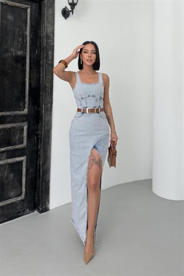 Askılı Kuplu Asimetrik Detaylı Kot Elbise