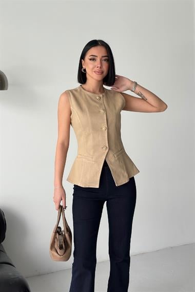 Belden Oturtmalı Düğmeli Kot Yelek