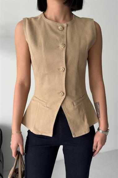 Belden Oturtmalı Düğmeli Kot Yelek