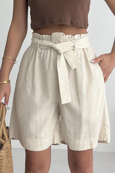 Beli Büzgülü Lastikli Kemerli Keten Şort