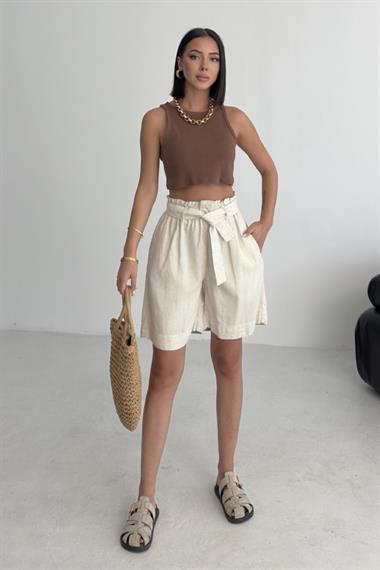 Beli Büzgülü Lastikli Kemerli Keten Şort