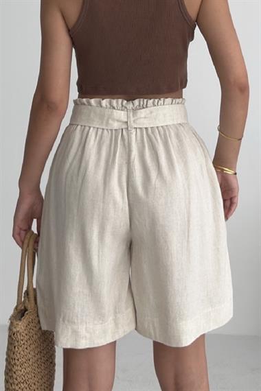 Beli Büzgülü Lastikli Kemerli Keten Şort