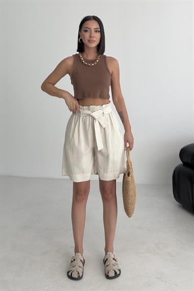 Beli Büzgülü Lastikli Kemerli Keten Şort
