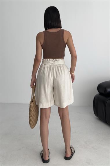 Beli Büzgülü Lastikli Kemerli Keten Şort