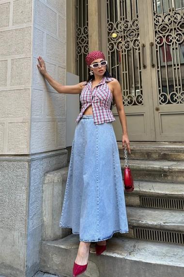 Beli Lastikli Volanlı Uzun Etek