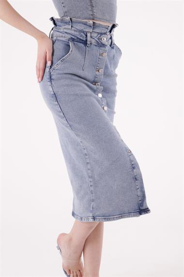 Beli Pileli Önü Düğmeli Aksesuarlı Etek