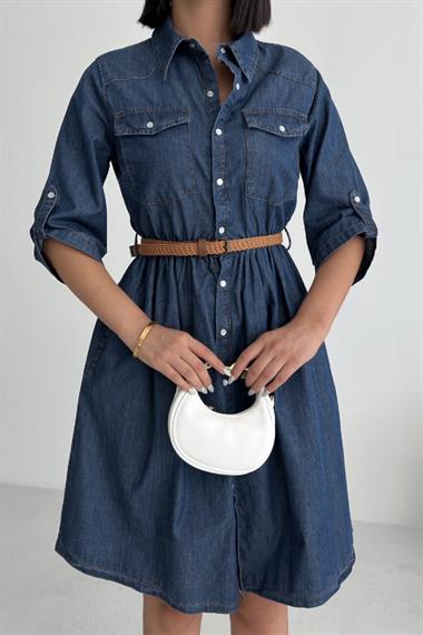 Büzgü Detaylı Kısa Kot Elbise