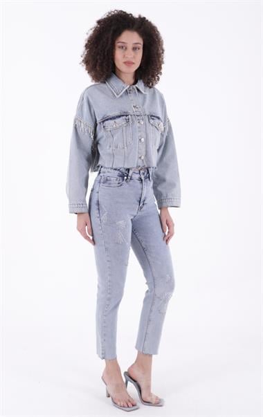 Çapraz Taşlı Mom Fit Kot Pantolon