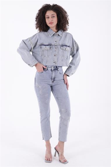 Çapraz Taşlı Mom Fit Kot Pantolon