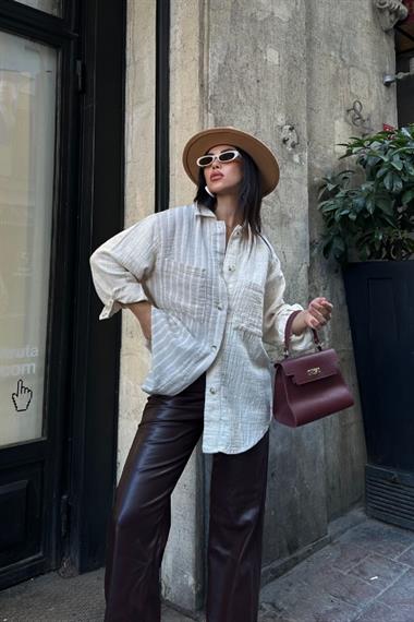 Çizgi Garnili Oversize Gömlek