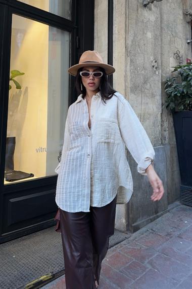 Çizgi Garnili Oversize Gömlek