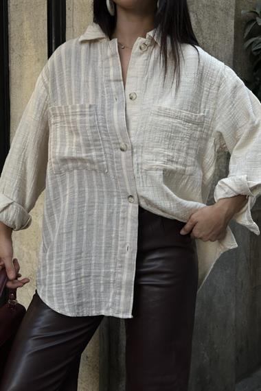 Çizgi Garnili Oversize Gömlek