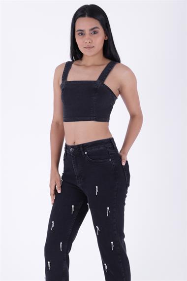 Damla Taşlı Mom Fit Kot Pantolon