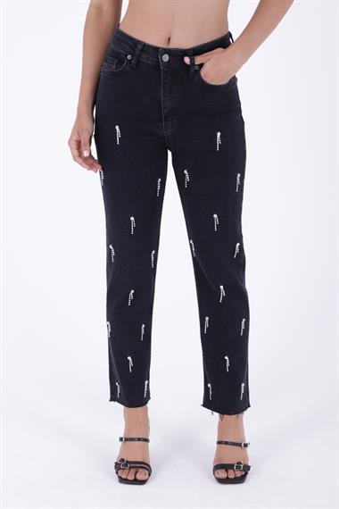 Damla Taşlı Mom Fit Kot Pantolon