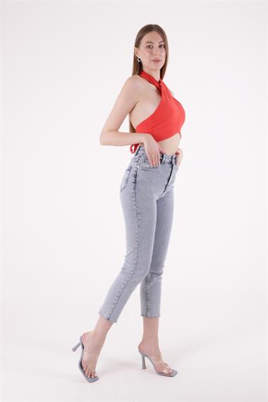 Dikişsiz Paça Yüksek Bel Mom Fit Kot Pantolon