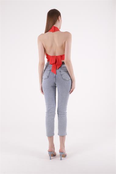 Dikişsiz Paça Yüksek Bel Mom Fit Kot Pantolon