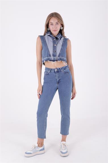 Dikişsiz Paça Yüksek Bel Mom Fit Kot Pantolon