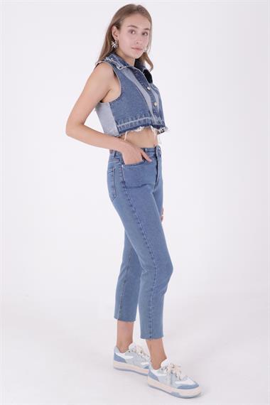 Dikişsiz Paça Yüksek Bel Mom Fit Kot Pantolon