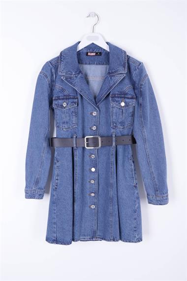 Düğmeli Cepli Kot Elbise