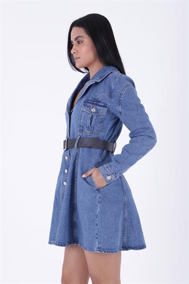 Düğmeli Cepli Kot Elbise