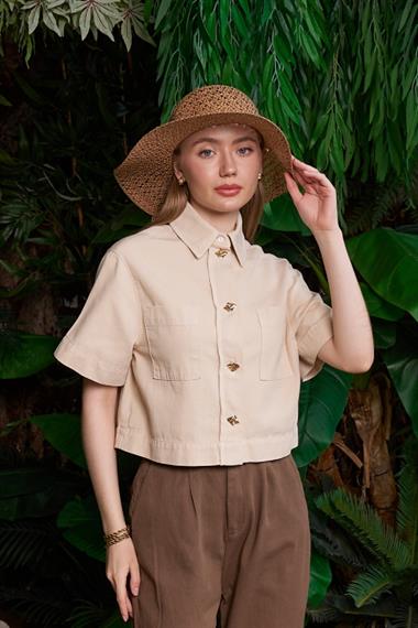 Düğmeli Kısa Kollu Keten Gömlek